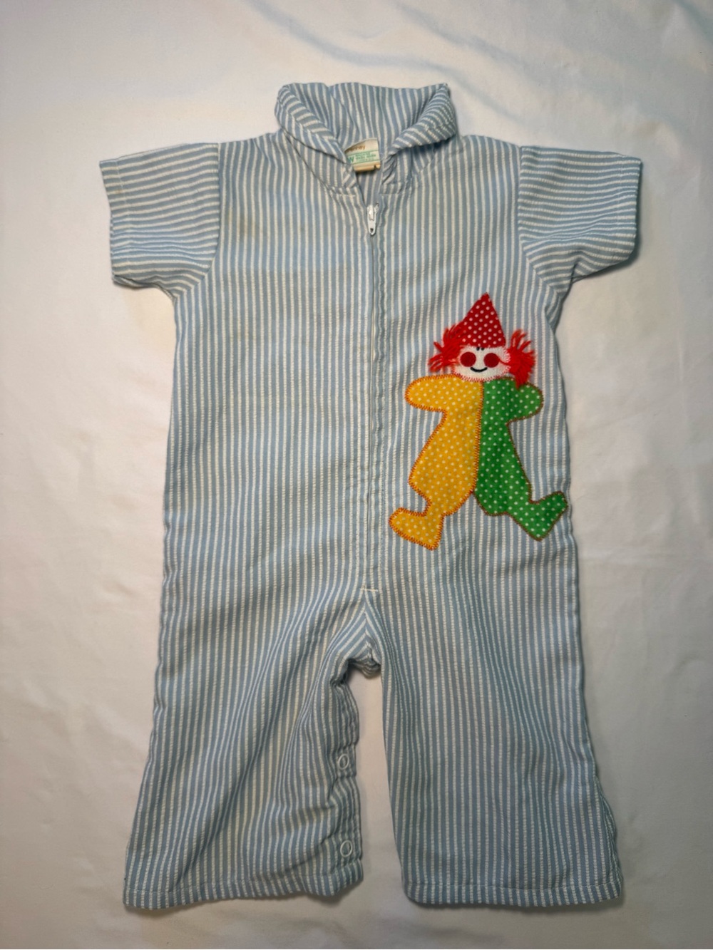 Vintage Blue and White Striped Seersucker Romper with Circus Clown Applique